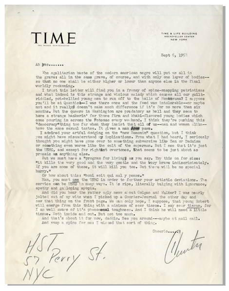 Hunter S. Thompson Letter Twice-Signed as a Young 21-Year Old -- ''...The egalitarian haste of the modern american negro will put us all in the grave: all in the same grave, of course...''